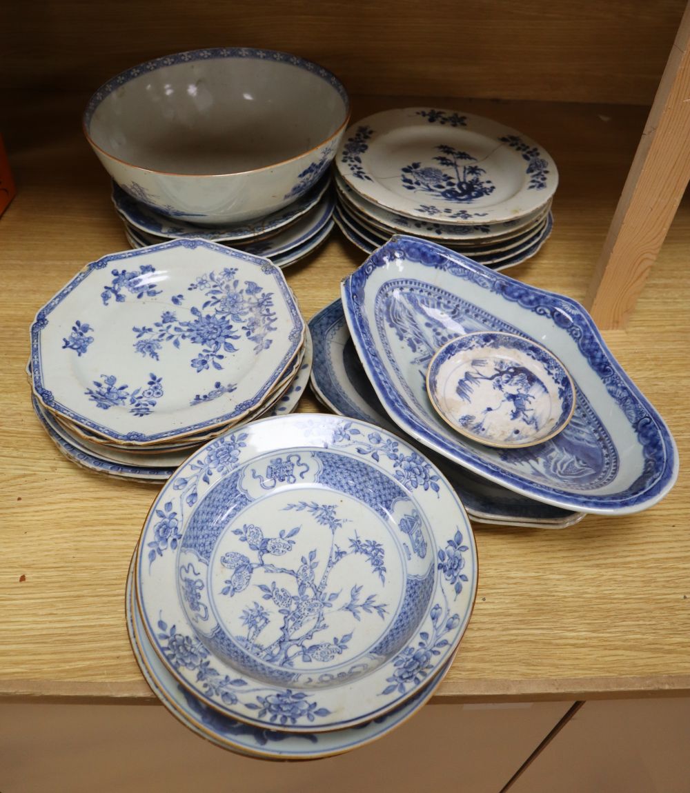 Twenty nine pieces of 19th century Chinese blue and white export porcelain to include dishes, plates and a bowl (a.f.)